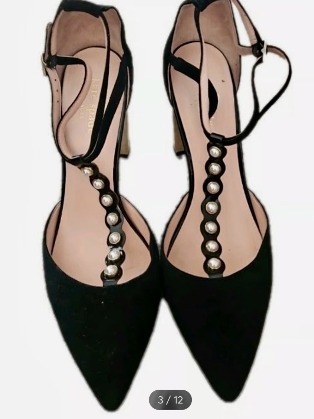 Kate Spade Elissa Suede Gold Block Heel Pearl Strap Dress Shoe Size 7 1/2